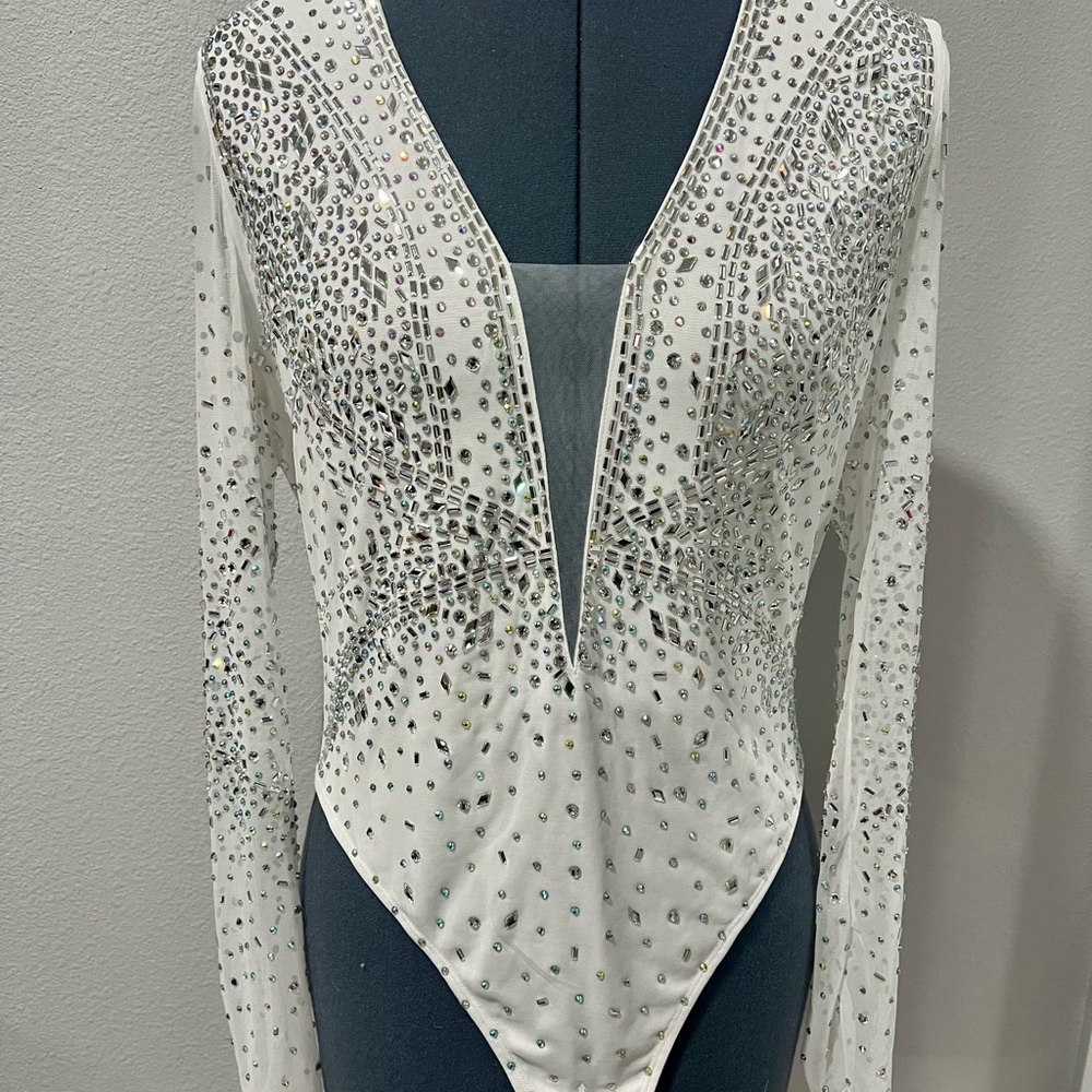 Elegant White Rhinestone Bodysuit
